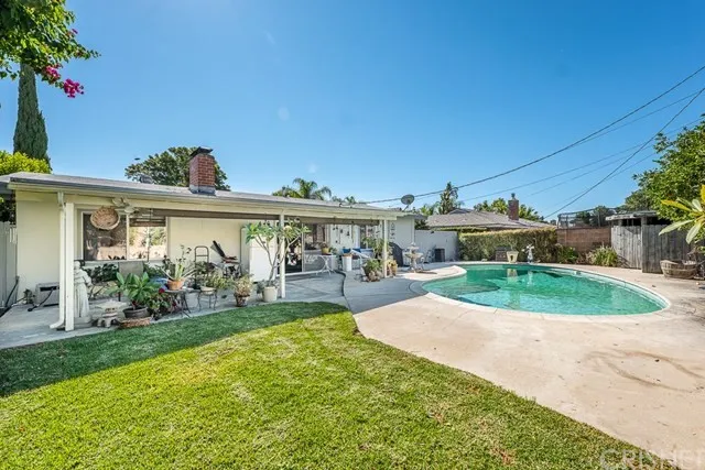 Backyard with swimming pool and patio in California