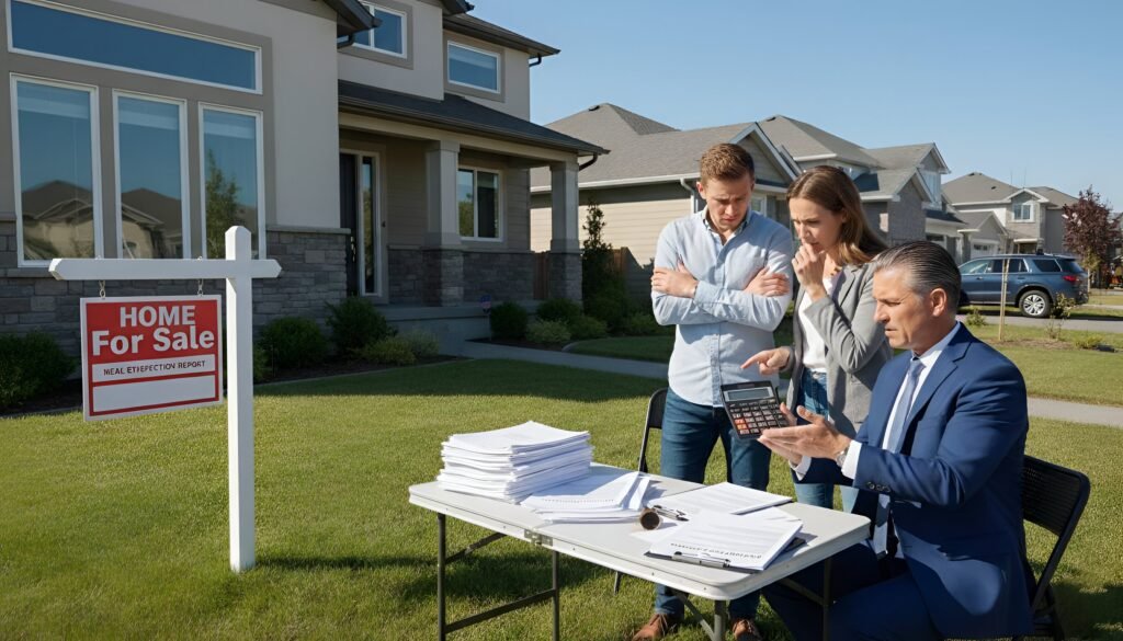 A couple stands with a real estate agent outside a house in California with a "For Sale" sign.