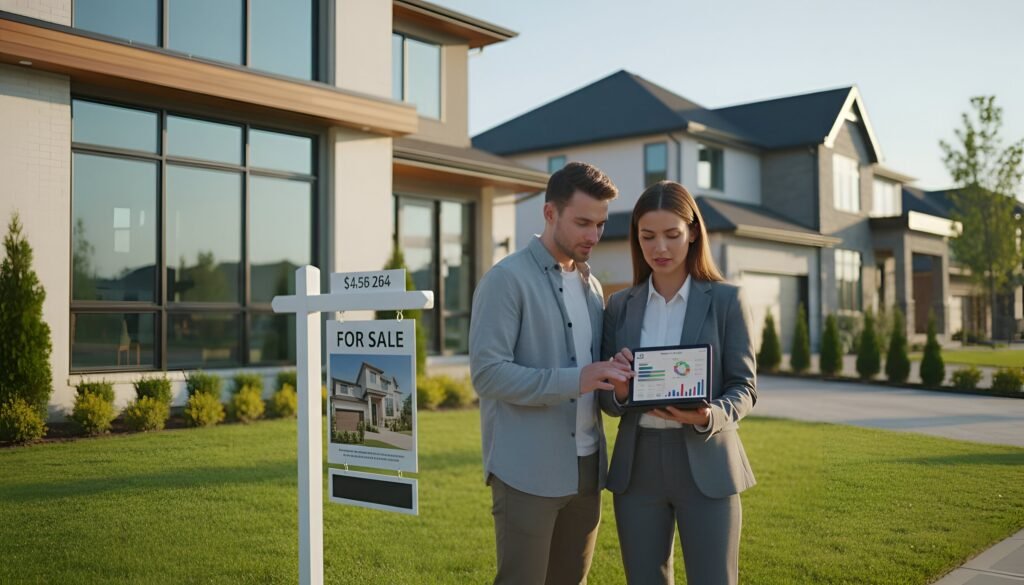 Couple stands in front of a modern house with a "For Sale" sign in California