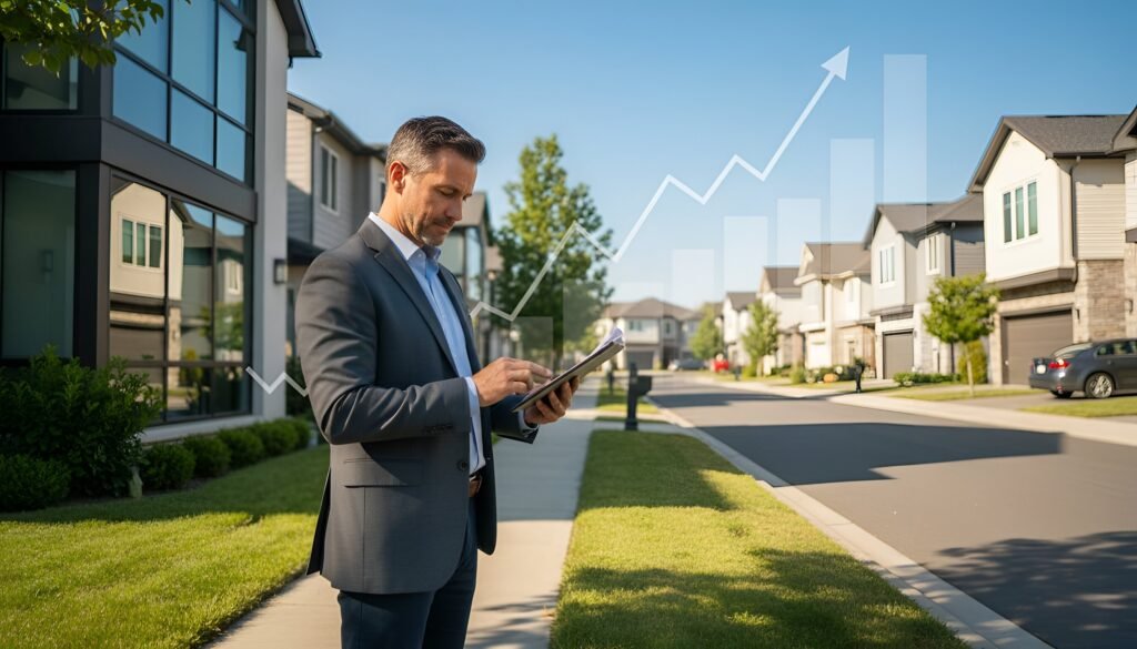 Real estate agent using tablet on California street with rising real estate graph overlay