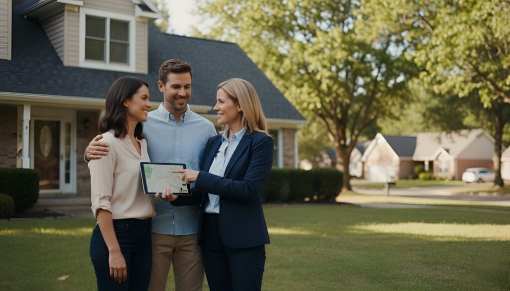 a couple stands in front of a house in California with a realtor